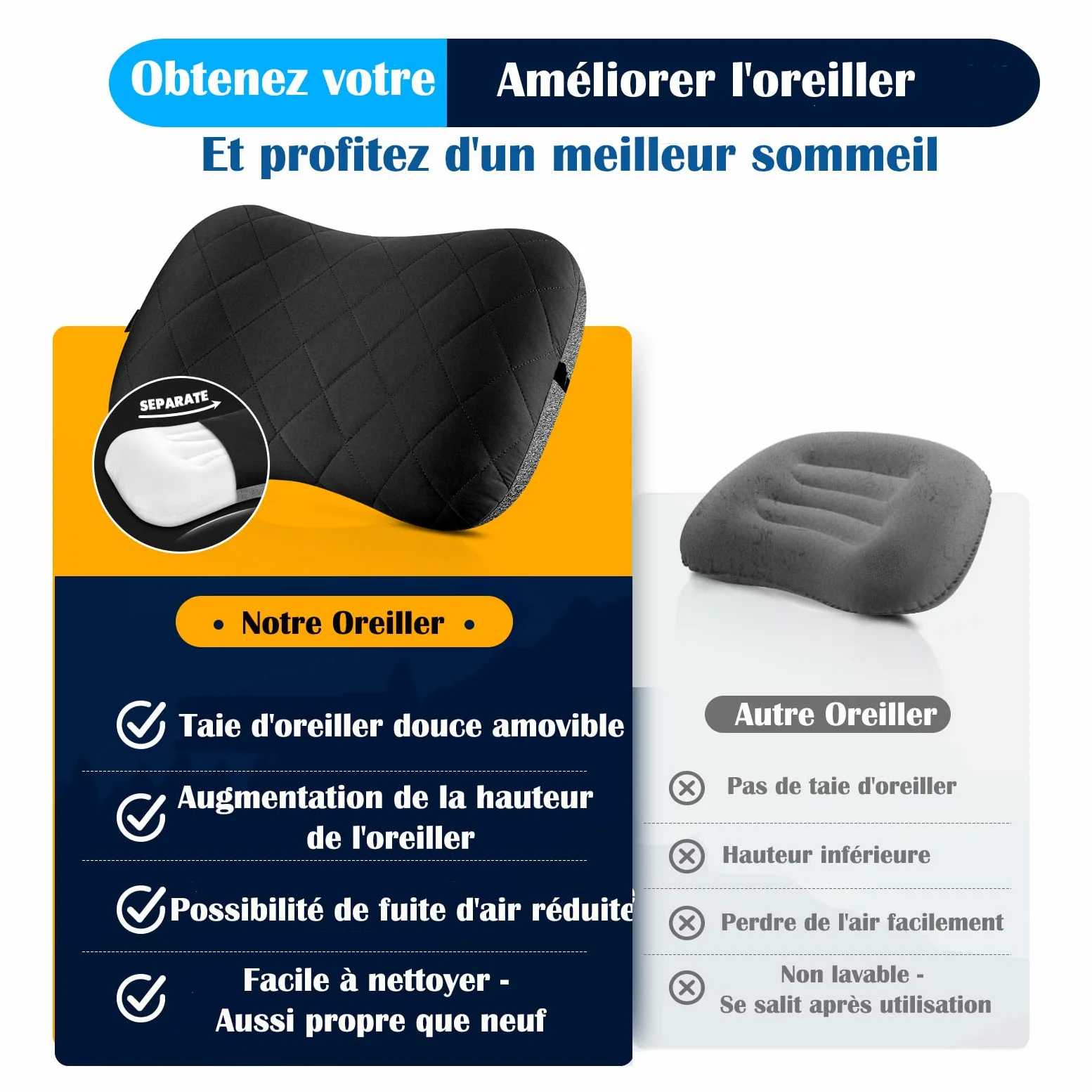 HIKENTURE Oreiller Gonflable Camping et Voyage avec Taie Amovible - Ultraléger, Compact et Confortable - Coussin Gonflable Ergonomique pour Extérieur, Camping, Trekking ou Randonnée - Noir