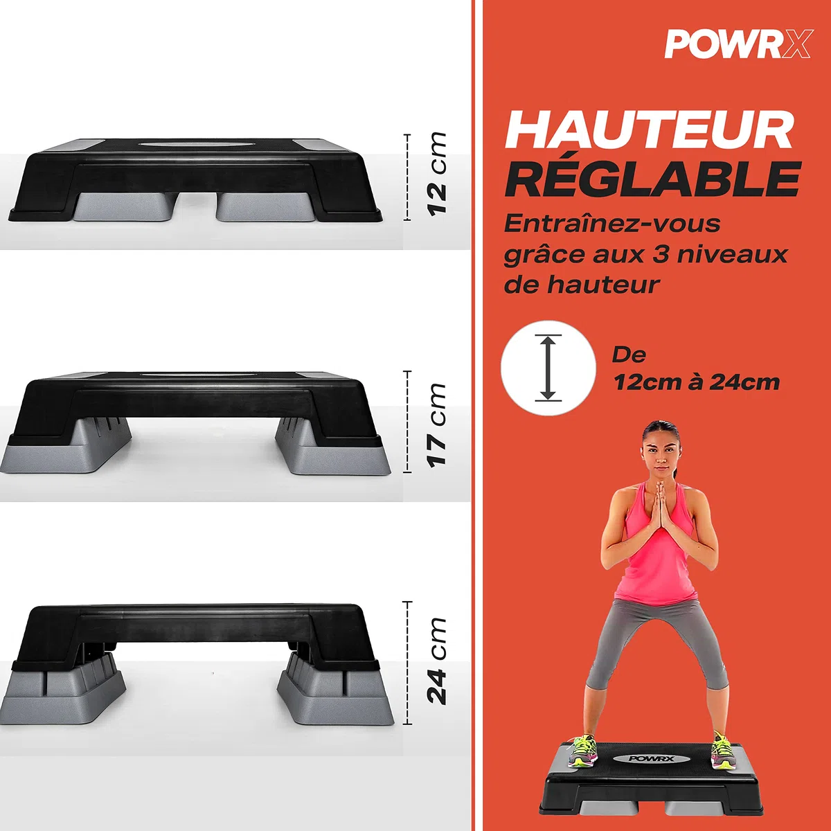 POWRX- Step aerobic I stepper réglable en hauteur et antidérapant pour l'aérobic