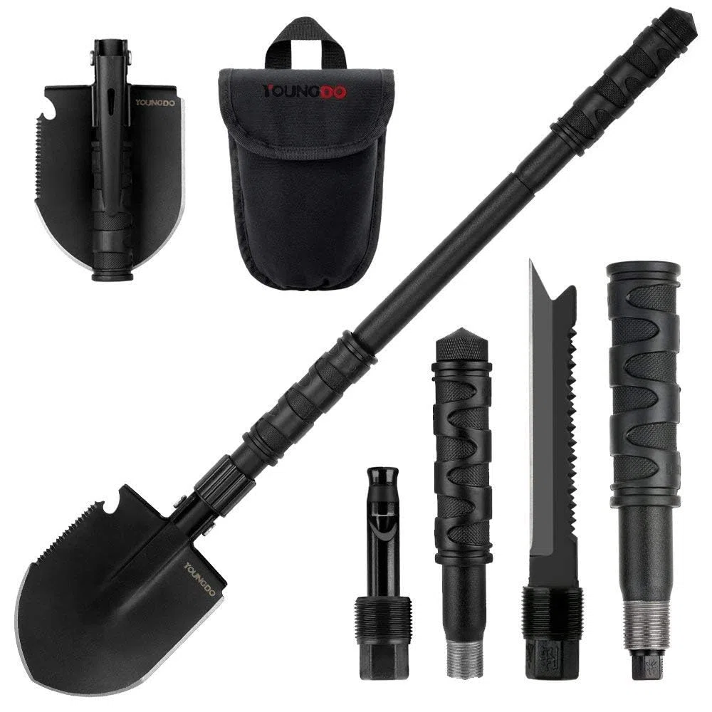 YOUNGDO Pelle Pliante 14 Fonctions, Pelle pliante Multifonctionnelle pour Couper Branches, Camping, Survie, Randonnée et Jardinage (Pelle Pliable+ 3 Poignées+Sifflet de Survie+Couteau à Poisson)
