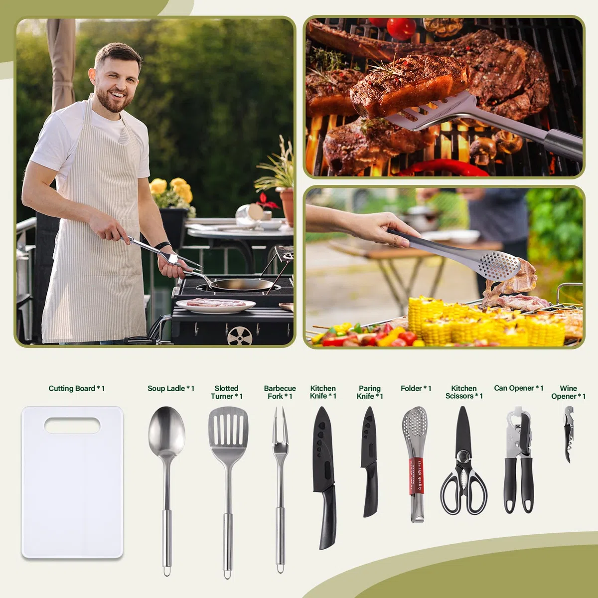 10 Pièces Ustensiles de Cuisine Camping Accessoires Essentiels Inoxydables pour Pique-Nique et Randonnées