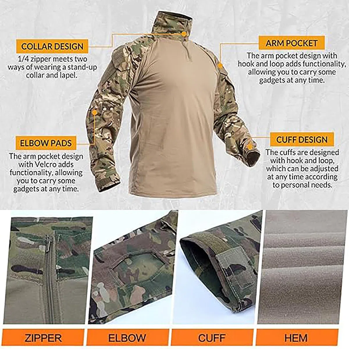 HAZARA Vêtements Airsoft Uniformes Rip-Stop à Manches Longues Vêtements Airsoft avec Coudières,Genouillères Et Gants De Combat Equipement De Paintball,Camo-M