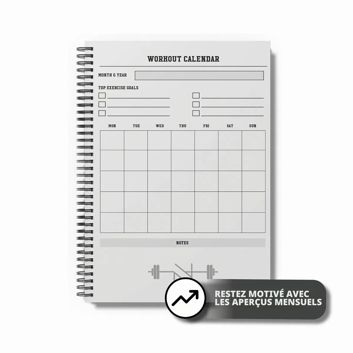 Journal d'entraînement A5, 144 pages avec sangle élastique et stylo, traqueur de fitness avec journal de progrès corporel, calendrier d'entraînement et planificateur d'objectifs, carnet de