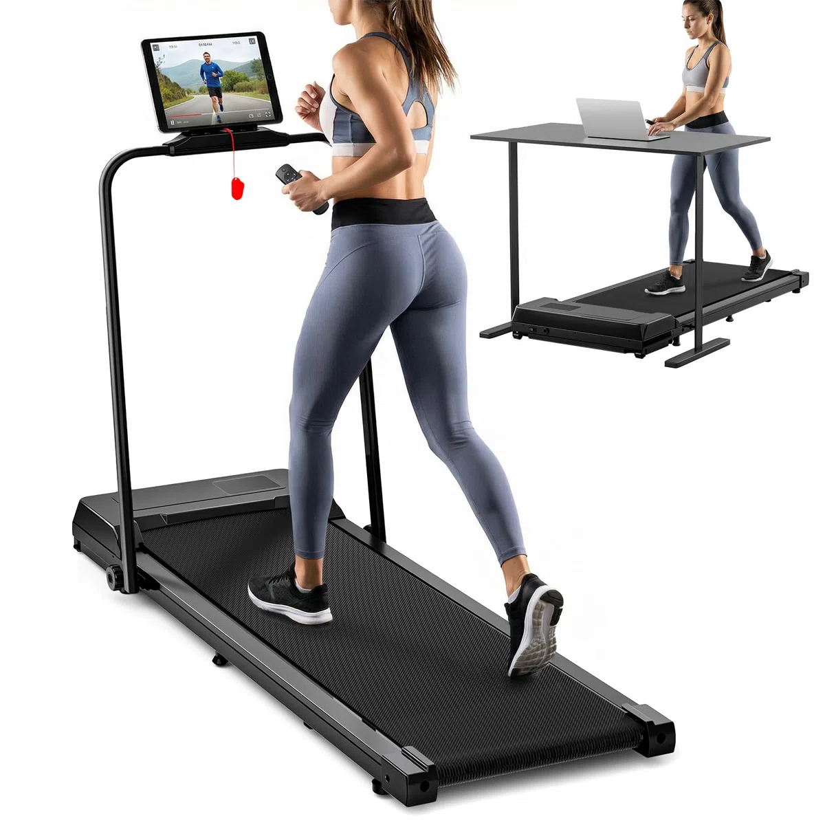 Drgymlee Tapis de Marche 3 en 1, Tapis Pliable sous Bureau avec Poignée, Machine Compacte et Silencieuse 1–10 km/h pour Maison, Bureau, Marche et Jogging, avec Télécommande et Écran LED