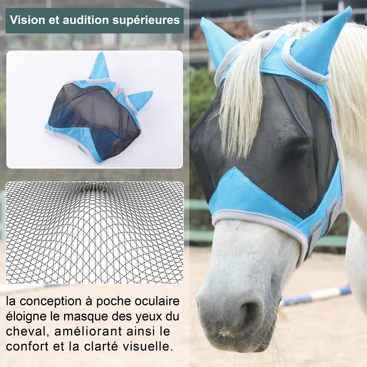 Masque Anti-Mouches pour Chevaux, avec Protection pour Les Oreilles, Protection Anti-UV, Maille Respirante, Large Espace pour Les Yeux, Trou pour Le Toupet, sans Frottement, Bleu Lac Large
