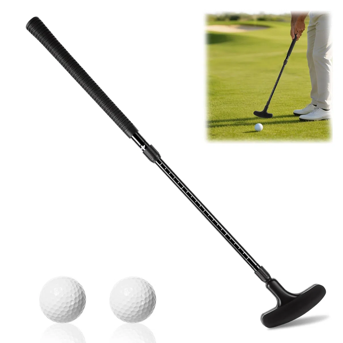 Putter de golf rétractable avec tige extensible pour enfants et adultes, convient aux gauchers et aux droitiers, mini clubs de golf avec 2 balles pour intérieur/extérieur (noir)