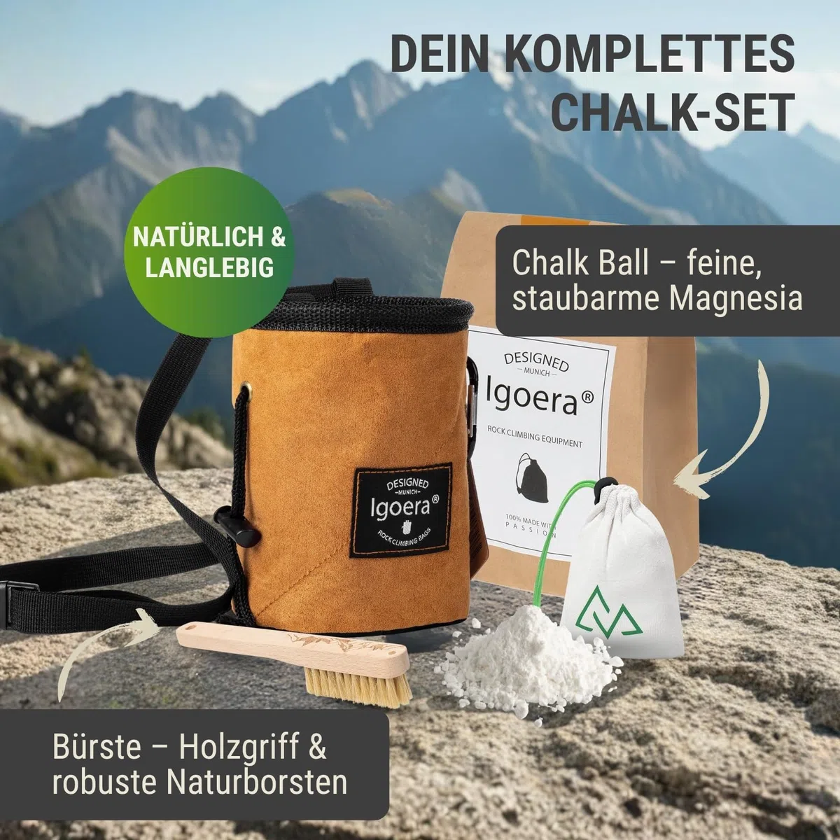 Kit d'escalade avec sac de magnésie, brosse à craie et boule de craie – Ensemble d'accessoires pour l'escalade et le bloc – Sac de magnésie doublé de molleton, brosse à poils de sanglier et