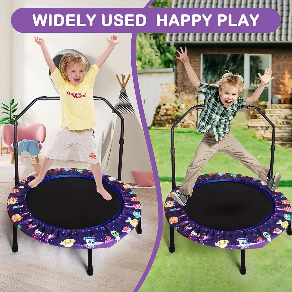 Trampoline Enfant Ø92cm, Pliable Mini Trampoline avec Poignée Réglable & Rembourrage de Sécurité,Petit Trampoline intérieur Enfants, Intérieur et Extérieur pour garçons et Filles