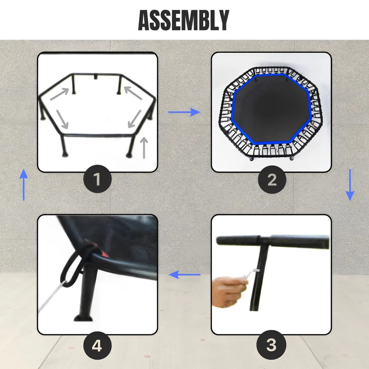Trampoline Fitness Elastique pour Sauter de Ø90cm Pliable et Silencieux. Installation Facile, Octogonale pour Adultes,Enfants. Intérieur,Extérieur avec Accoudoirs Réglables en Mousse.