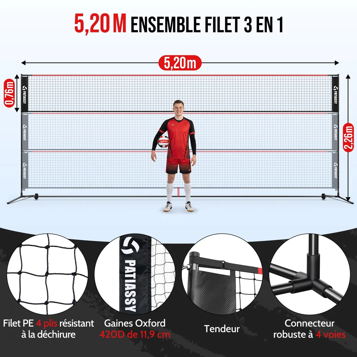 Filet de Badminton, Filet de Volley de 520 cm, 3 hauteurs Peuvent être ajustées, Ensemble Portable pour Le Tennis, à l'intérieur et à l'extérieur, Loisirs idéal pour Enfants et Adultes