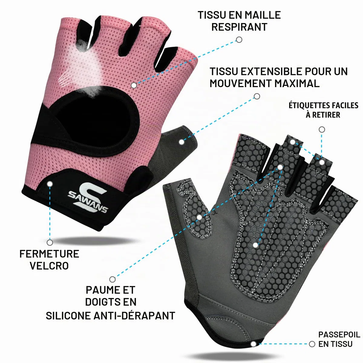 SAWANS Gants d'haltérophilie pour homme et femme - Gants d'entraînement de fitness pour femme - Respirants et antidérapants - En silicone rembourré - Protection de la paume - Pour exercice,