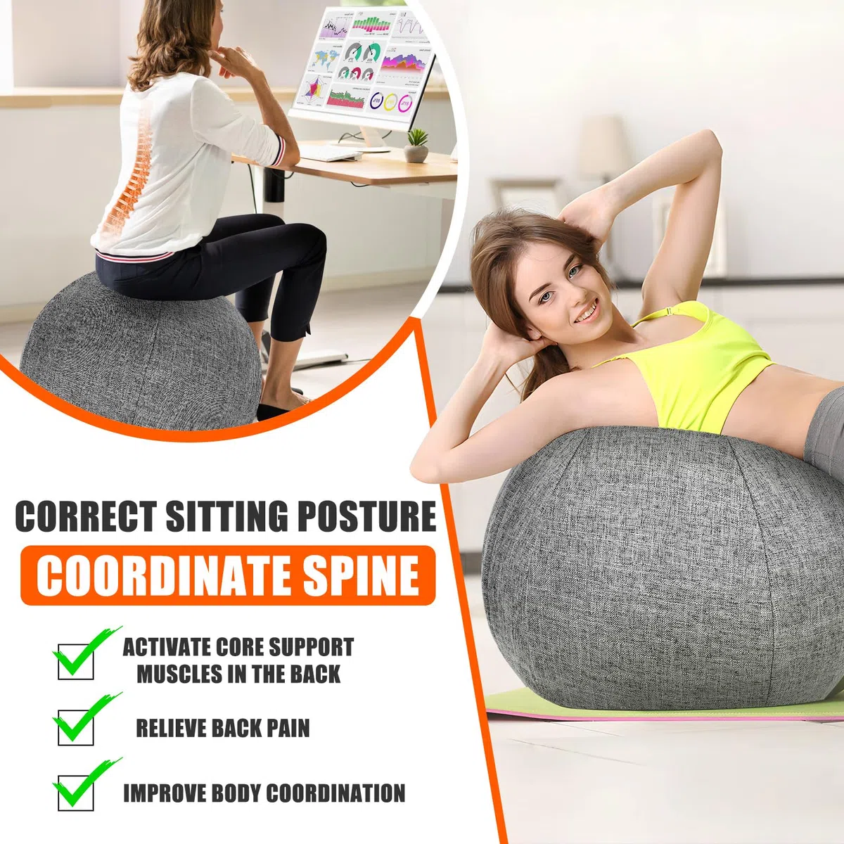 Siege Ballon Gym Ballon Housse de Ballon de Gymnastique 65 cm de Diamètre avec Housse en Tissu/Balle d'Assise/Pompe à Housse en Lin Doux Lavable Capacitã 110kg
