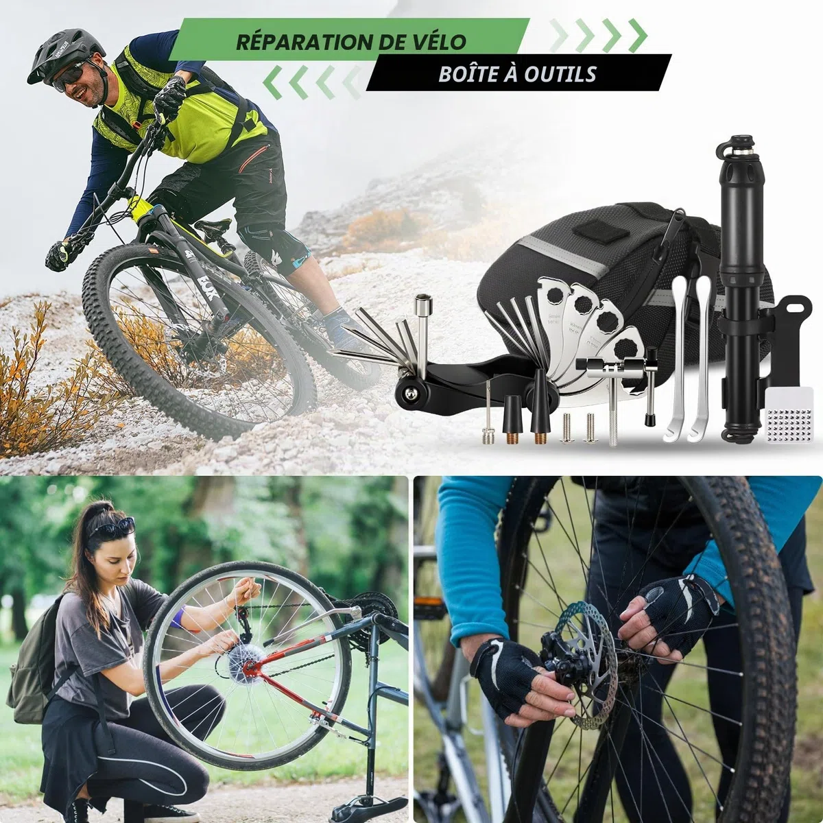Kit de réparation de Pneu de vélo avec Outil 14 en 1, Mini Pompe à vélo, Coupe-chaîne, kit de Fixation Pratique pour vélos de Route et VTT