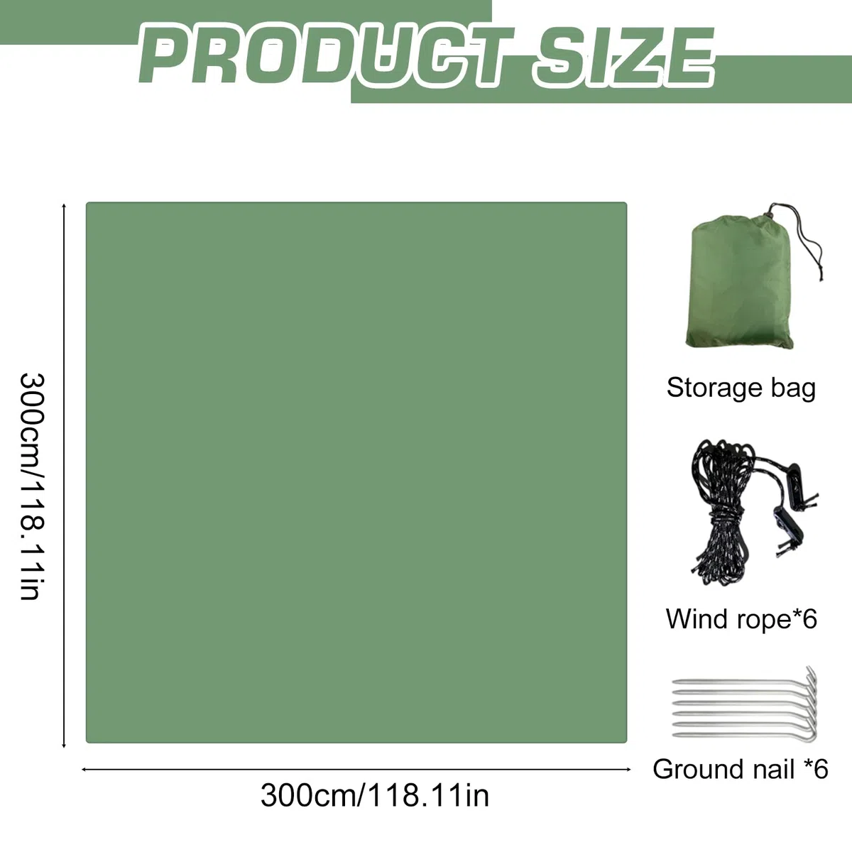 Tarp Bâche de tente de camping étanche 3 x 3 m avec 6 cordes et 6 broches en aluminium, protection UV, ultra légère, avec œillets, pour camping, extérieur, pique-nique, randonnée, hamac (vert)