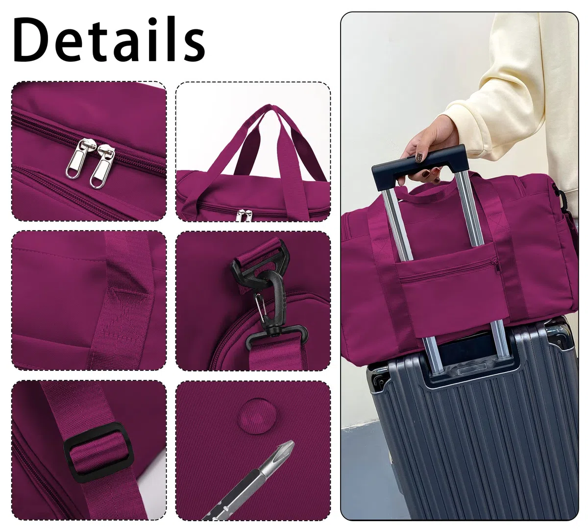 Sacs de Sport Femme, Pliable Sac de Voyage avec Compartiment Chaussure y Poche Humide, Grande Capacité Sac de Fitness, Imperméable Sac à Gym Sport Léger Sacs de Week-End Bag, Mauve