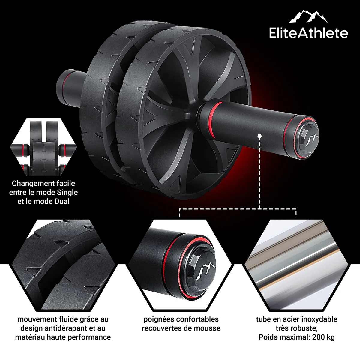 EliteAthlete Roue Abdominale - Roulette Abdominaux - AB Wheel - Rouleau Abdo - Abdos musculation appareil de sport fitness - AB Roller incl. tapis rembourré