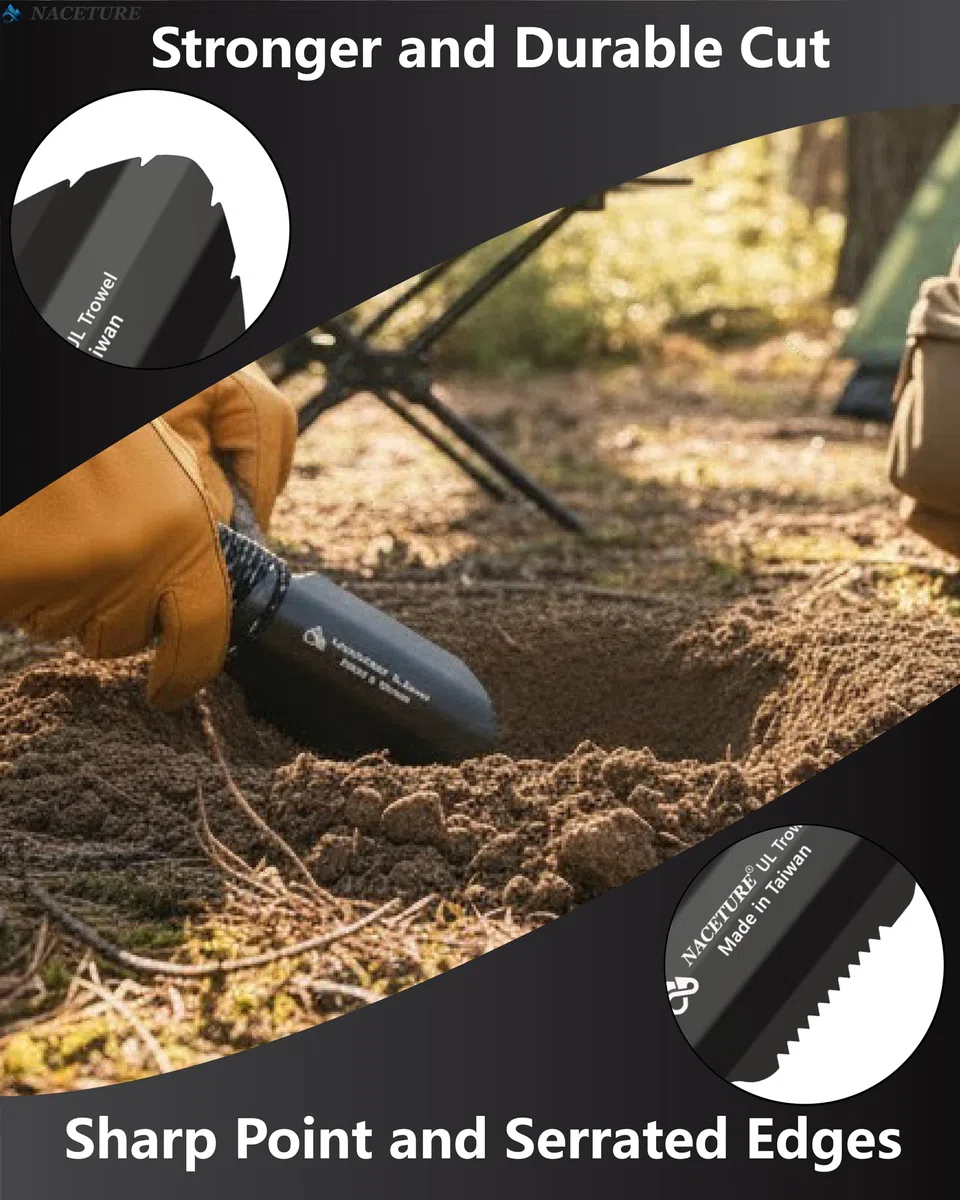 NACETURE Truelle de randonnée ultralégère en Aluminium - Petit Pot Multifonction avec poignée Plus Longue - Indispensable pour la randonnée, Le Camping et Les Sacs de Survie, Noir