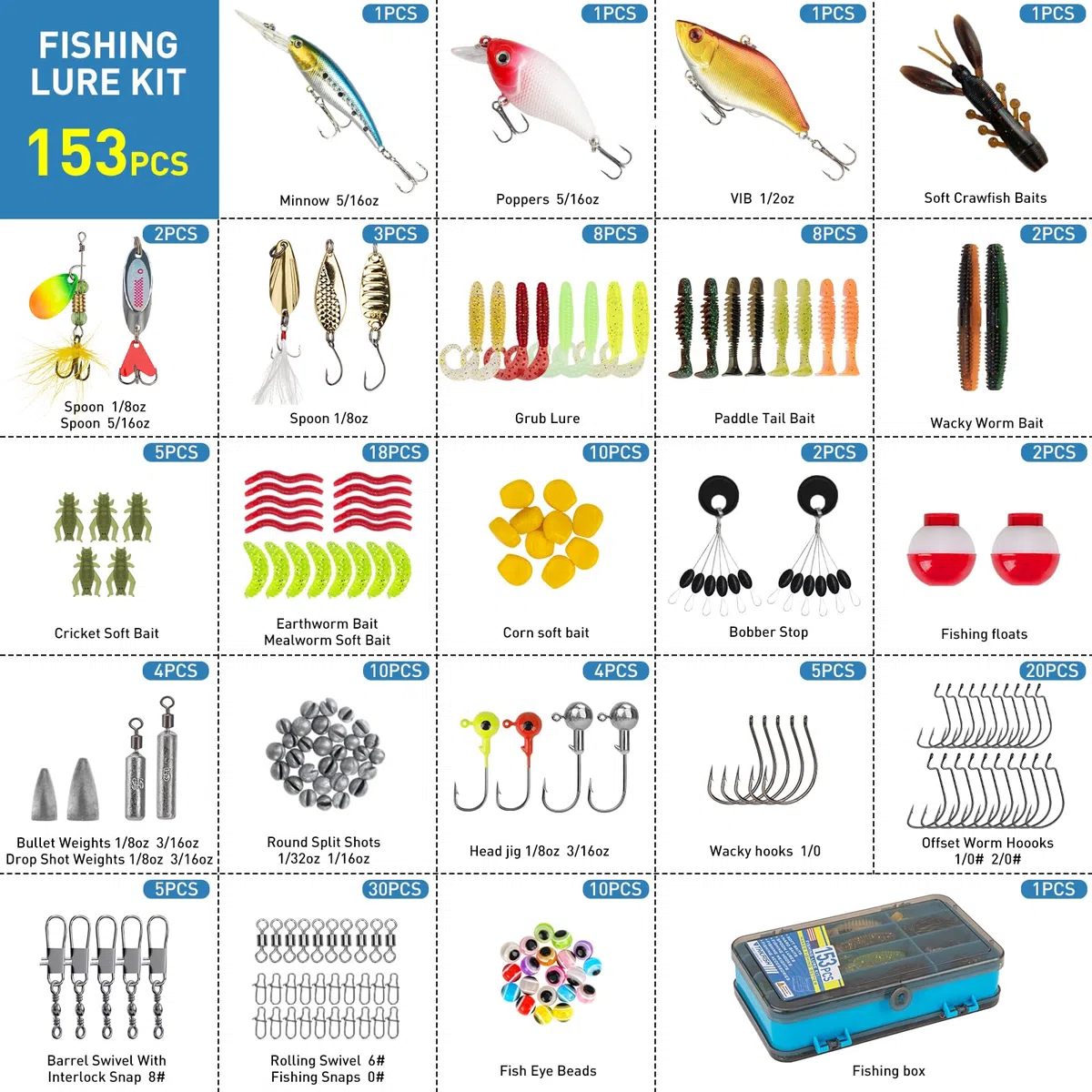 THKFISH Kit de leurres de pêche, boîte de 153 pièces avec matériel inclus Crankbaits, Spinner, cuillère, crochets lestés et autres accessoires pour bar, truite, eau douce et eau salée, cadeau pour