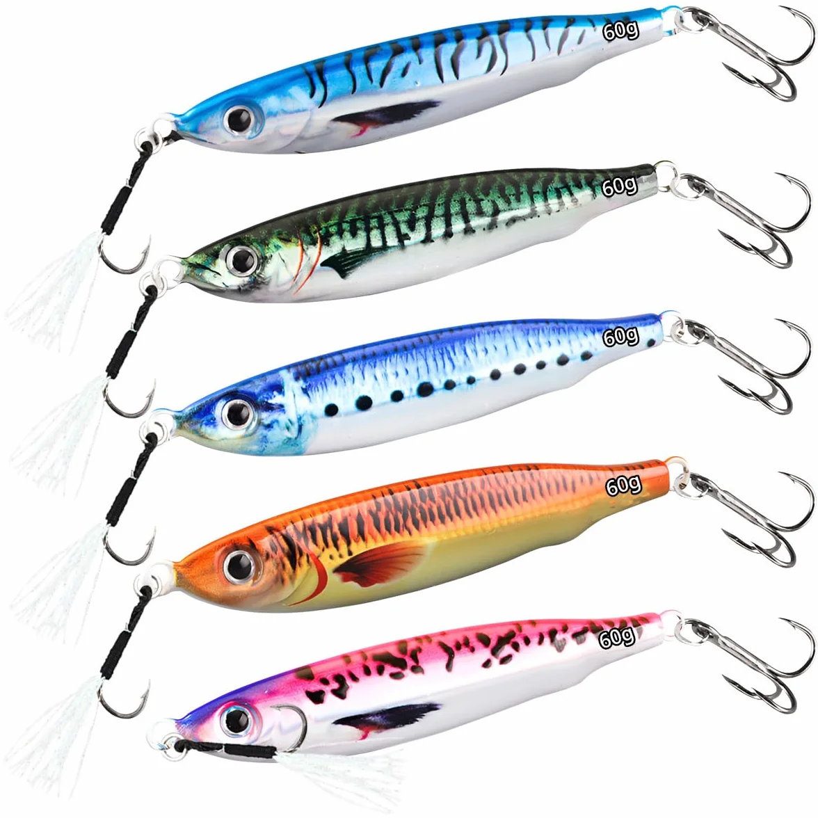 Leurres de Pêche Coulants Imprimés en 3D, WASAGA 5pcs 20g/30g/40g/60g/80g Appâts de Poisson Spinner en Métal Dur pour l'eau Salée et l'eau Douce pour l'Achigan et Le Maquereau et Le leurre Jigging