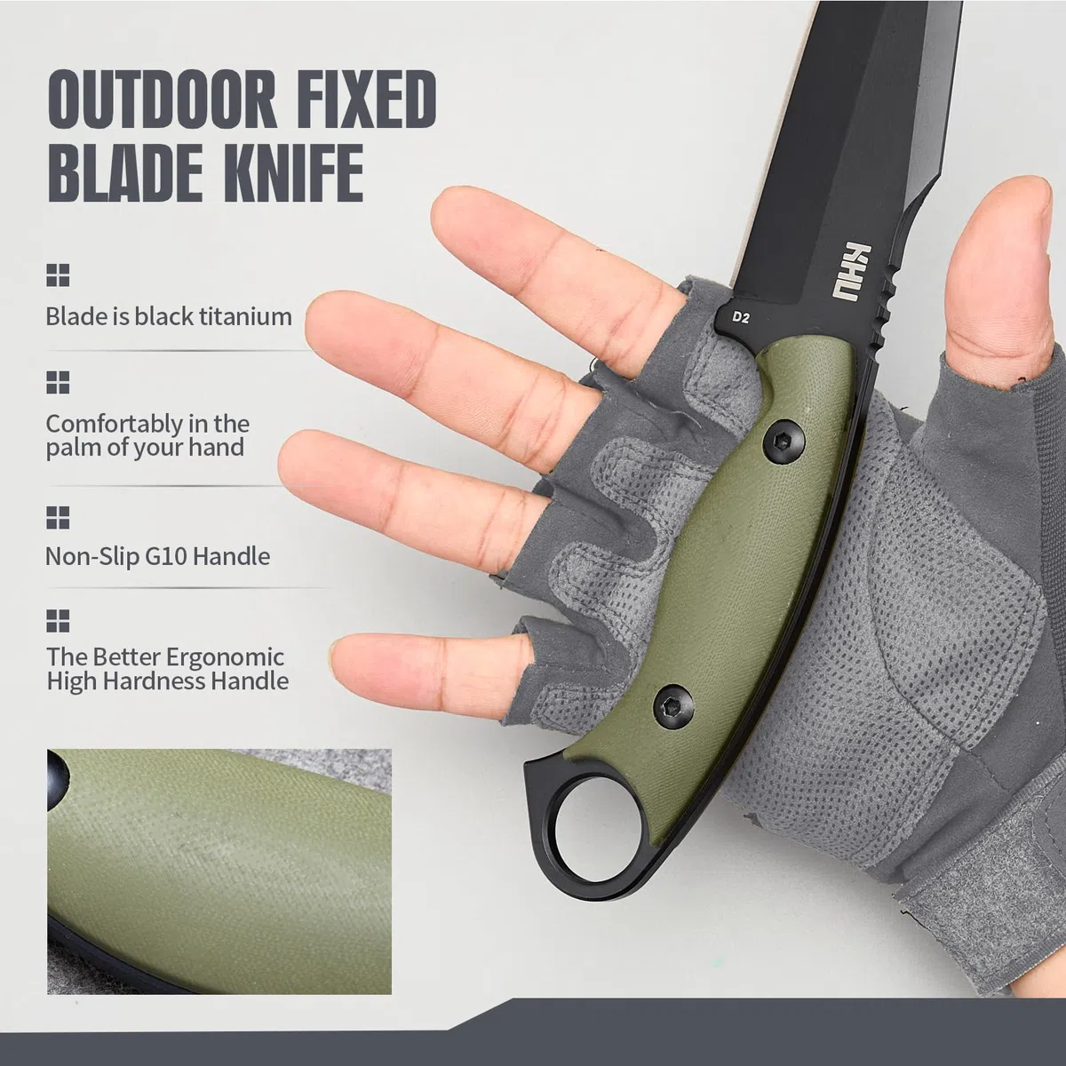KHU Couteau à lame fixe Outdoor Couteau - Acier D2 G10 poignée, Camping Accessoires - Avec étui Kydex - 17A