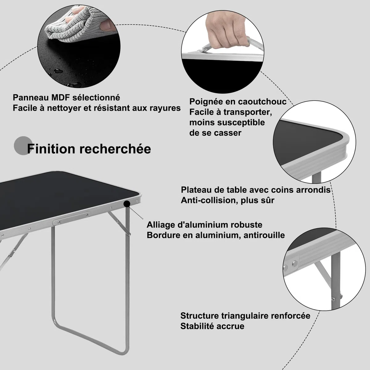 eSituro Table Pliante Camping, Table de Pique Nique avec Poignée, 80x50x70 cm, en Métal et MDF, Noir