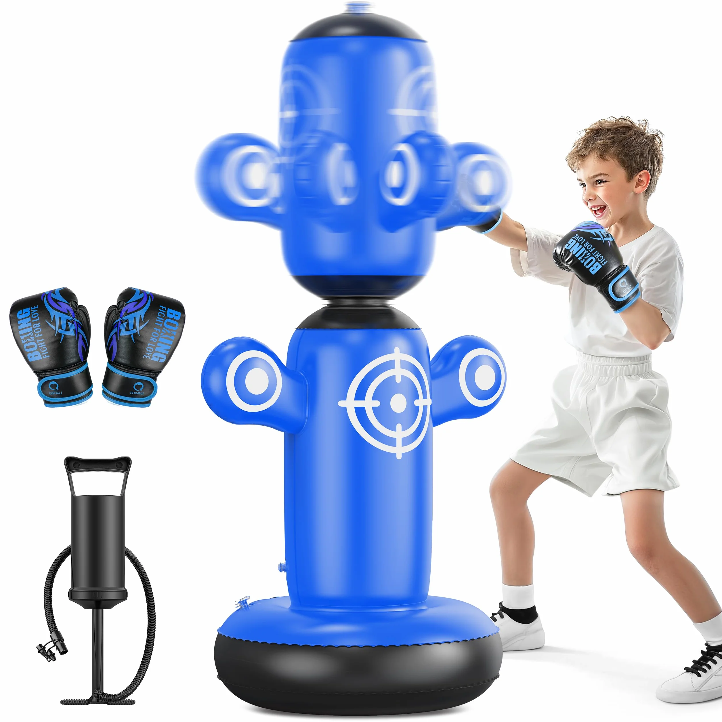 QPAU Sac de frappe rotatif à 360° pour enfants, grand sac de boxe de 162,6 cm avec gants, pompe à main et 6 cibles, sac de frappe gonflable, cadeau de karaté pour garçons et filles (bleu)