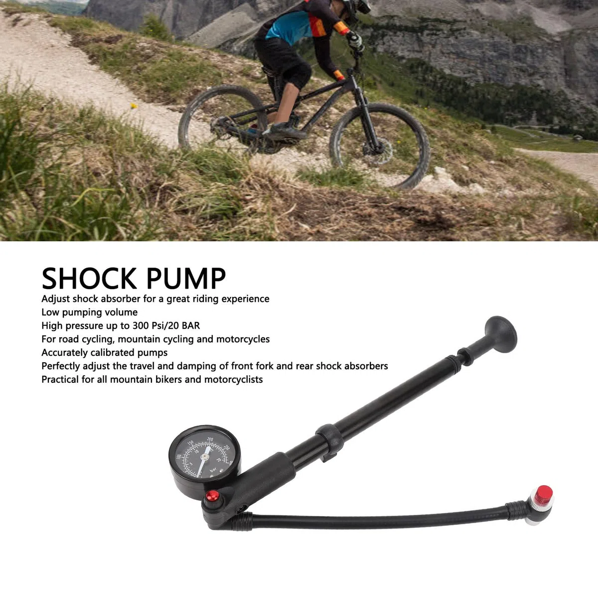 Dilwe Pompe à Amortisseur de Cycle, Pompe à Amortisseur Haute Pression 300 Psi, Pompe à Amortisseur de Fourche, Pompe à Amortisseur Réglable, Amortissement pour Connexion de Valve
