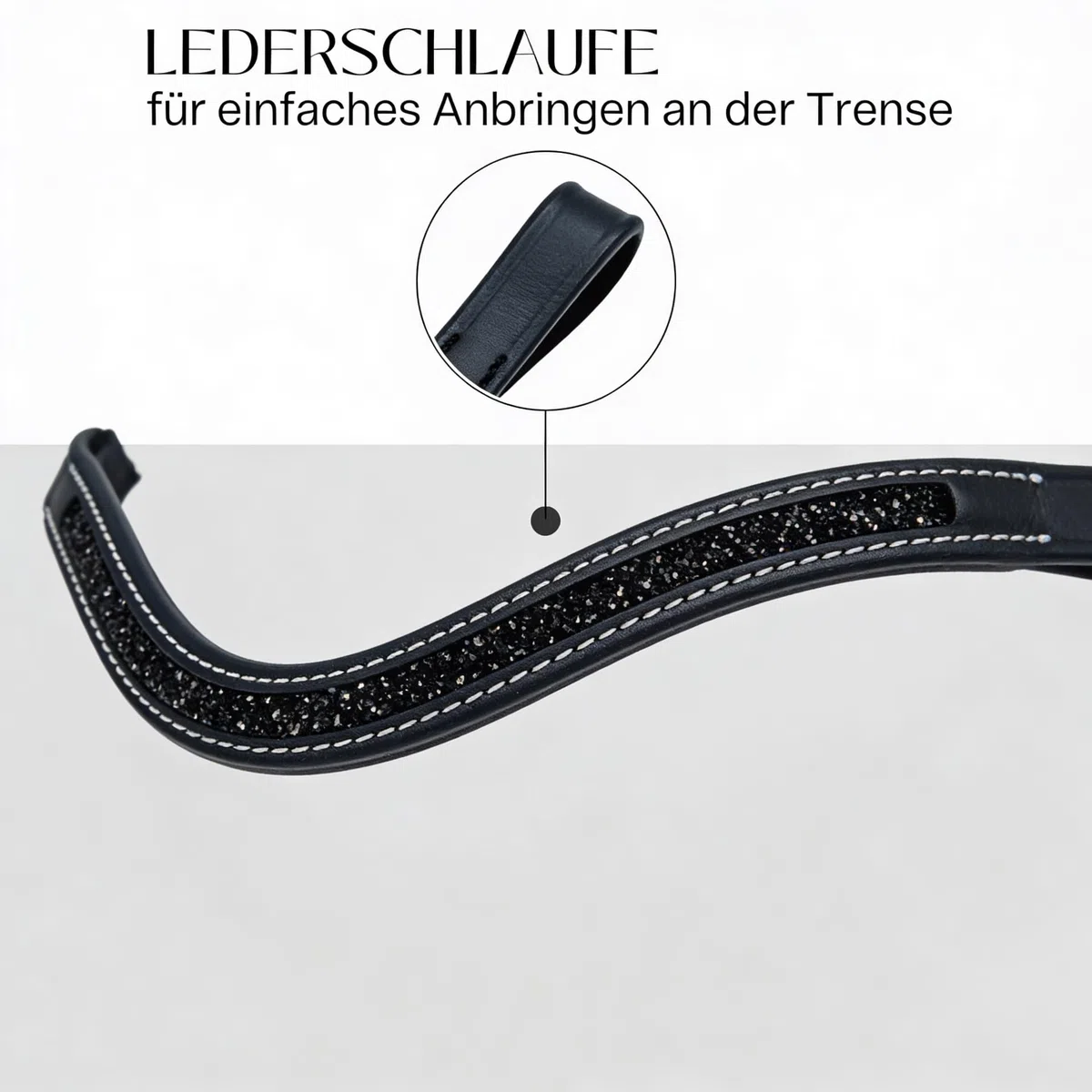 Pferdelinis Bandeau incurvé avec cristaux étincelants aspect argent – assure une apparence élégante et glamour pendant l'entraînement et le tournoi (noir et noir, poney)
