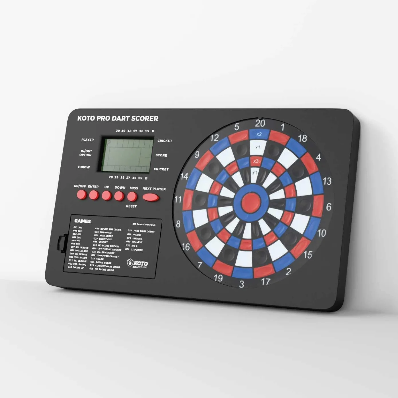 KOTO - Tableau de Score Pro pour Fléchettes, 32 Jeux, Dart Scorer, Affichage du Score & Fixation, pour 8 Joueurs, Alimenté par Piles