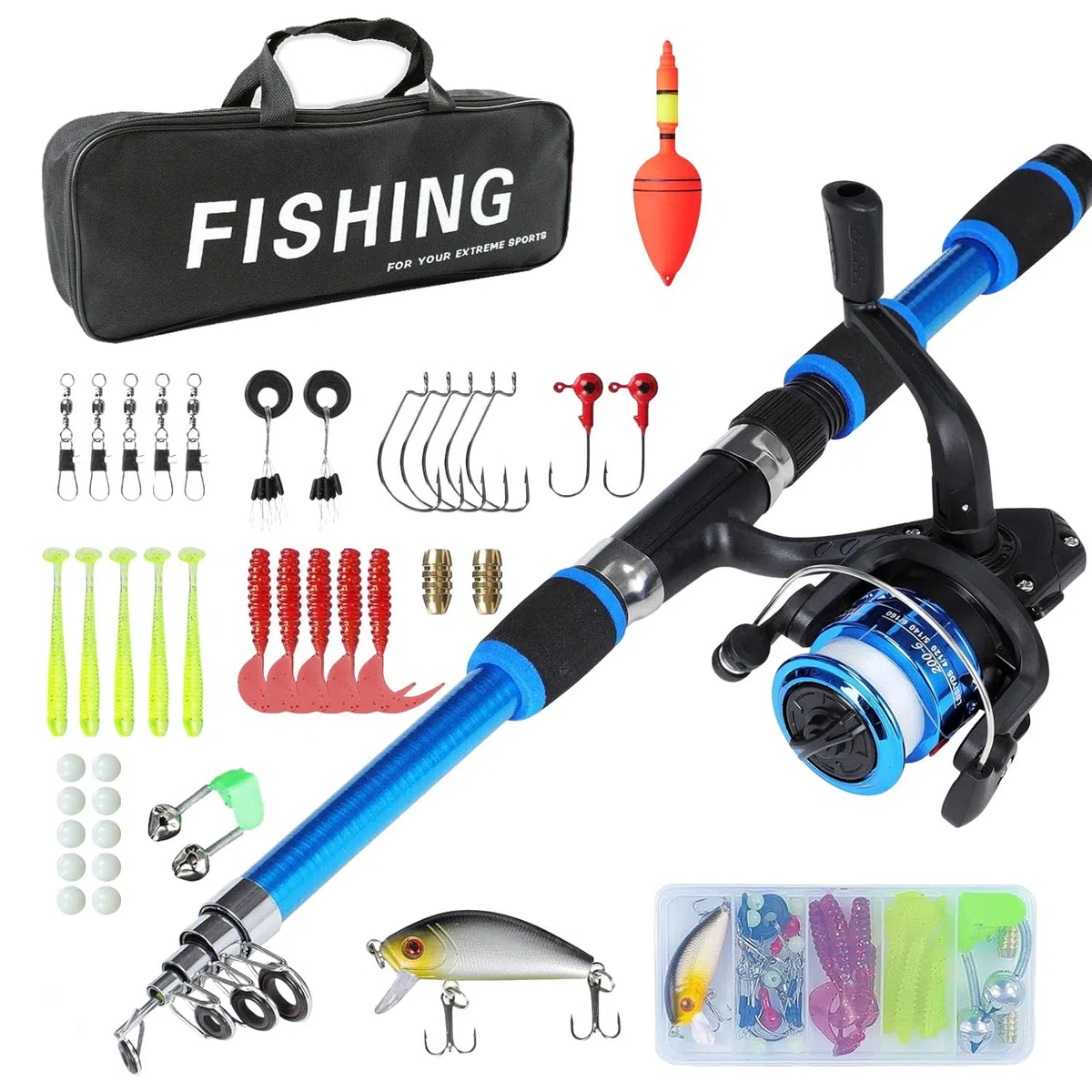 Kit de pêche pour enfants – Ensemble de canne télescopique et moulinets pour garçons et filles | Outils de pêche complets avec moulinet spincast, leurres & Tackle | Cadeau portable pour enfants de 5 à