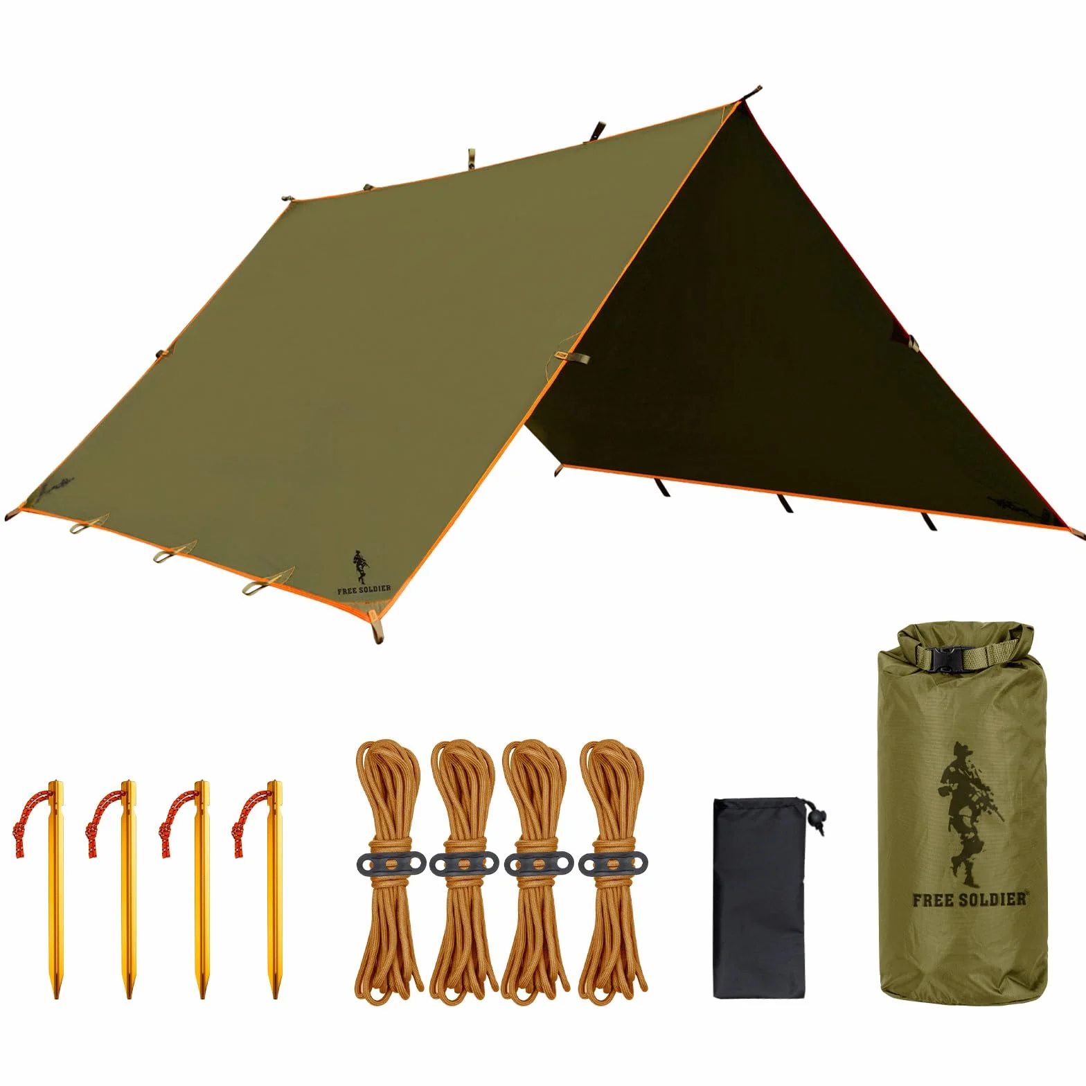 FREE SOLDIER Camping Tarp 3m x 3.2m Housse de Pluie Bâche Portable Léger Etanche Rain Fly Fly Tente Imperméable Au Sol Anti-UV Abri pour Randonnée(Marron，avec Clous)