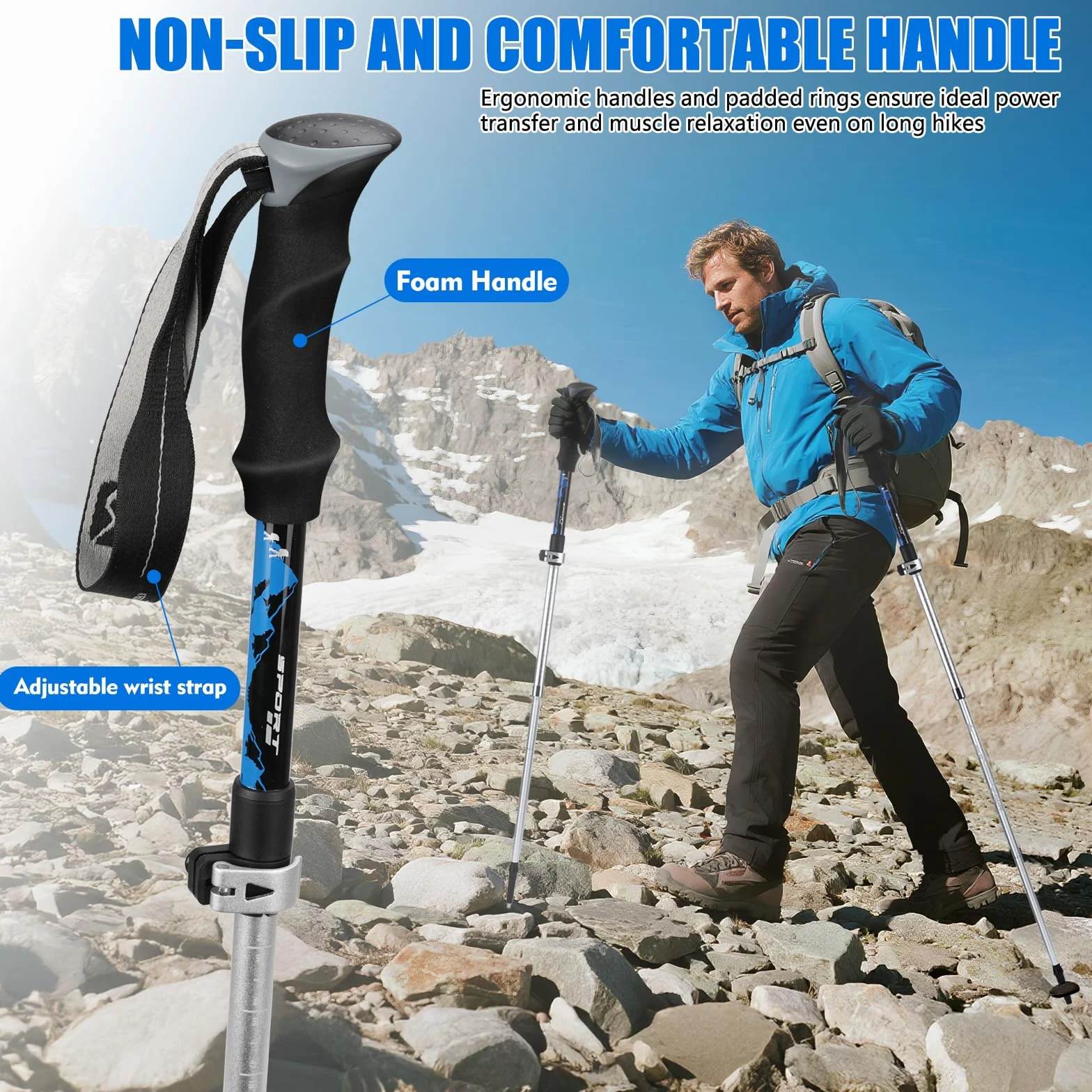Lot de 2 bâtons de randonnée pour homme et femme - Bâtons de marche nordique - En aluminium - Pliable - Léger - 110-125 cm - Pour l'alpinisme, la randonnée, le ski, le trekking