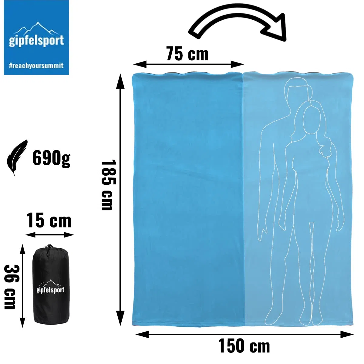 Gipfelsport Sac de Couchage d’Été en Microfibre pour Le Camping Utilisable comme Couverture - Léger, Petit, Rectangulaire