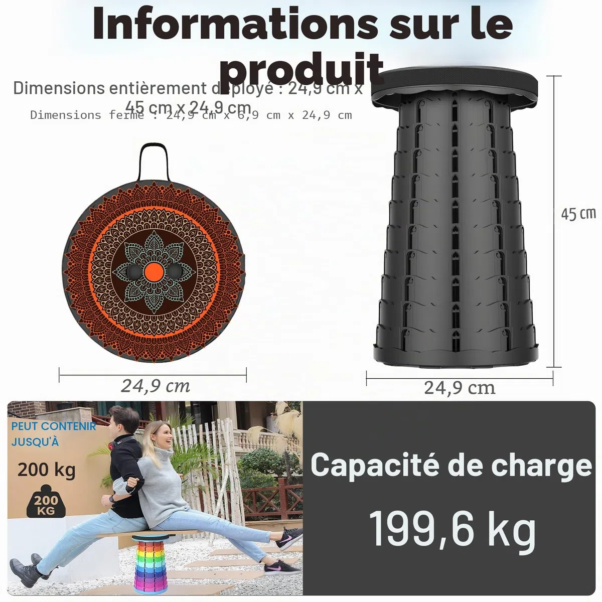 Tabouret Pliant Portable avec Coussin, Télescopique avec Motif, Retractable de Deuxième Génération pour Camping, Adultes, Maxi Charge 200kg