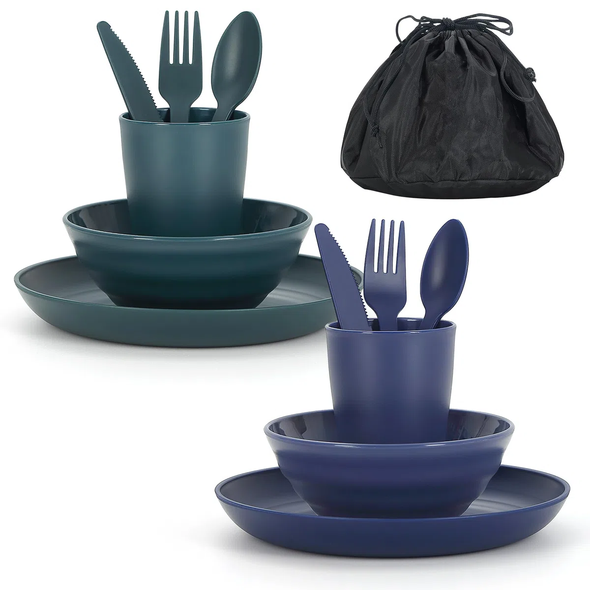 Ustensiles de Camping pour 2 avec Bol, Assiette, Tasse, cuillère, Fourchette, Couteau et Sac de Transport, Accessoires de Camping en Plastique Équipement Essentiel pour Voyage, Pique-