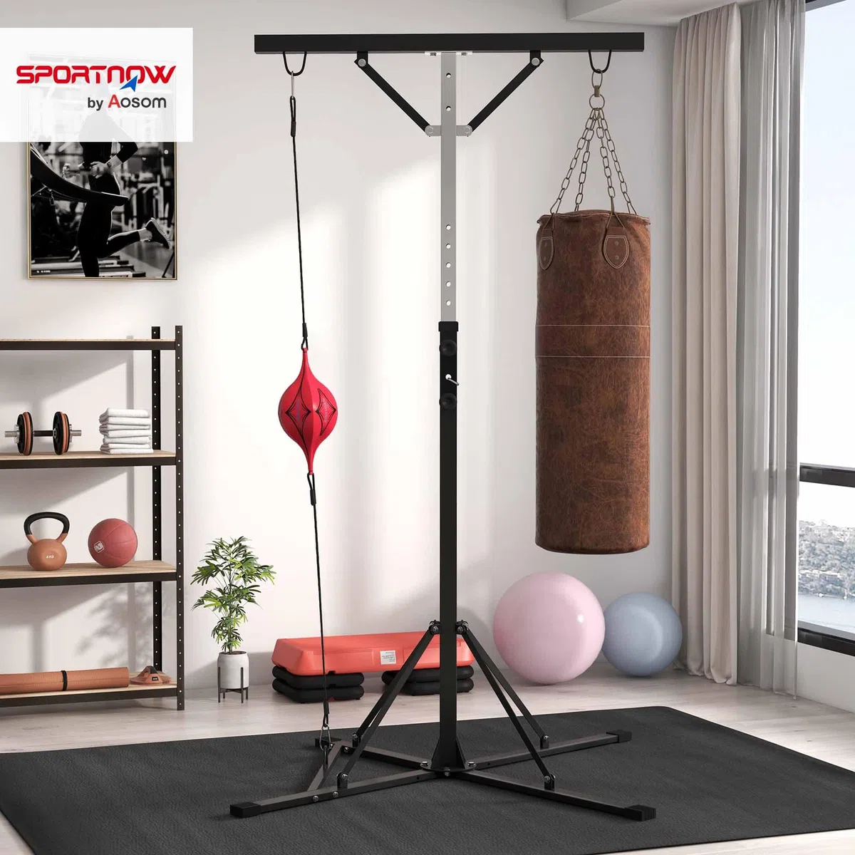 Support de Sac de Boxe SPORTNOW Réglable en Hauteur, Support de Sac de Boxe indépendant avec Speedball, jusqu'à 60 kg de Charge, Acier, Noir