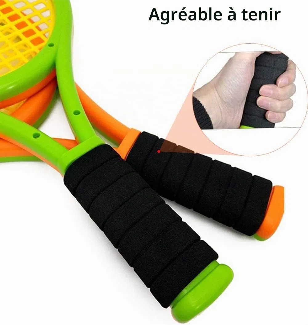 Raquette de tennis pour enfant avec sac, raquette en plastique comprenant 4 balles en mousse, 6 volants de badminton pour enfants (plus de 3 ans), jeu de sport intérieur/extérieur