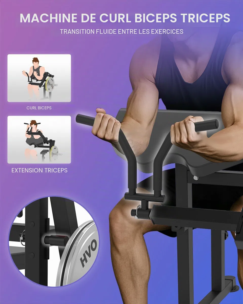 HVO Banc à Biceps & Triceps : 2-en-1 Pupitre à Biceps Réglable pour Curl et Extension des Triceps Assise – Banc de Musculation pour Entraînement des Bras à Domicile – Noir