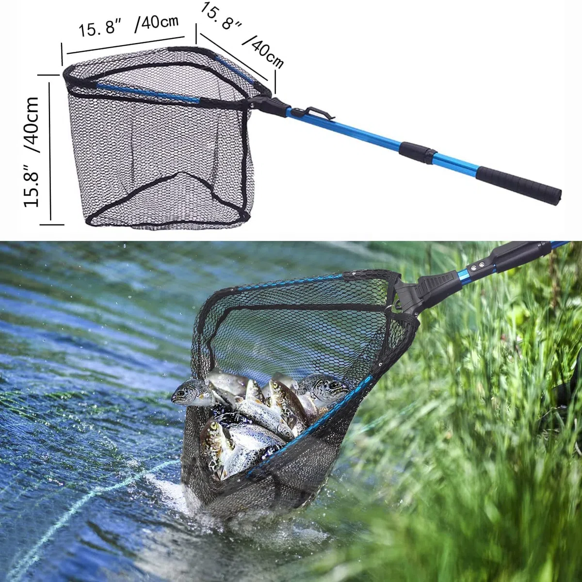 Senston Epuisette de Pêche Pliable et Filet Recouvert de Caoutchouc, Épuisette Télescopique, Filet de Pêche Pliable en Nylon