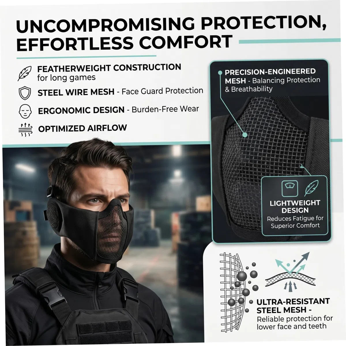 Masque en Maille Airsoft – Demi-Masque en Maille Pliable avec Protection des Oreilles, Masques Airsoft réglables pour la Chasse au Paintball, Visage