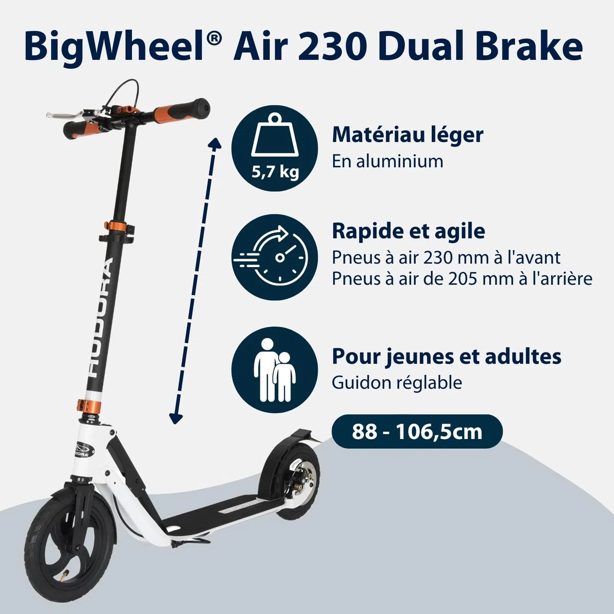 HUDORA BigWheel Air 230 Scooter - Trottinette avec/sans Frein - Trottinette Stable en Aluminium à pneus gonflables - Réglable en Hauteur - Supporte Une Charge maximale de 120kg