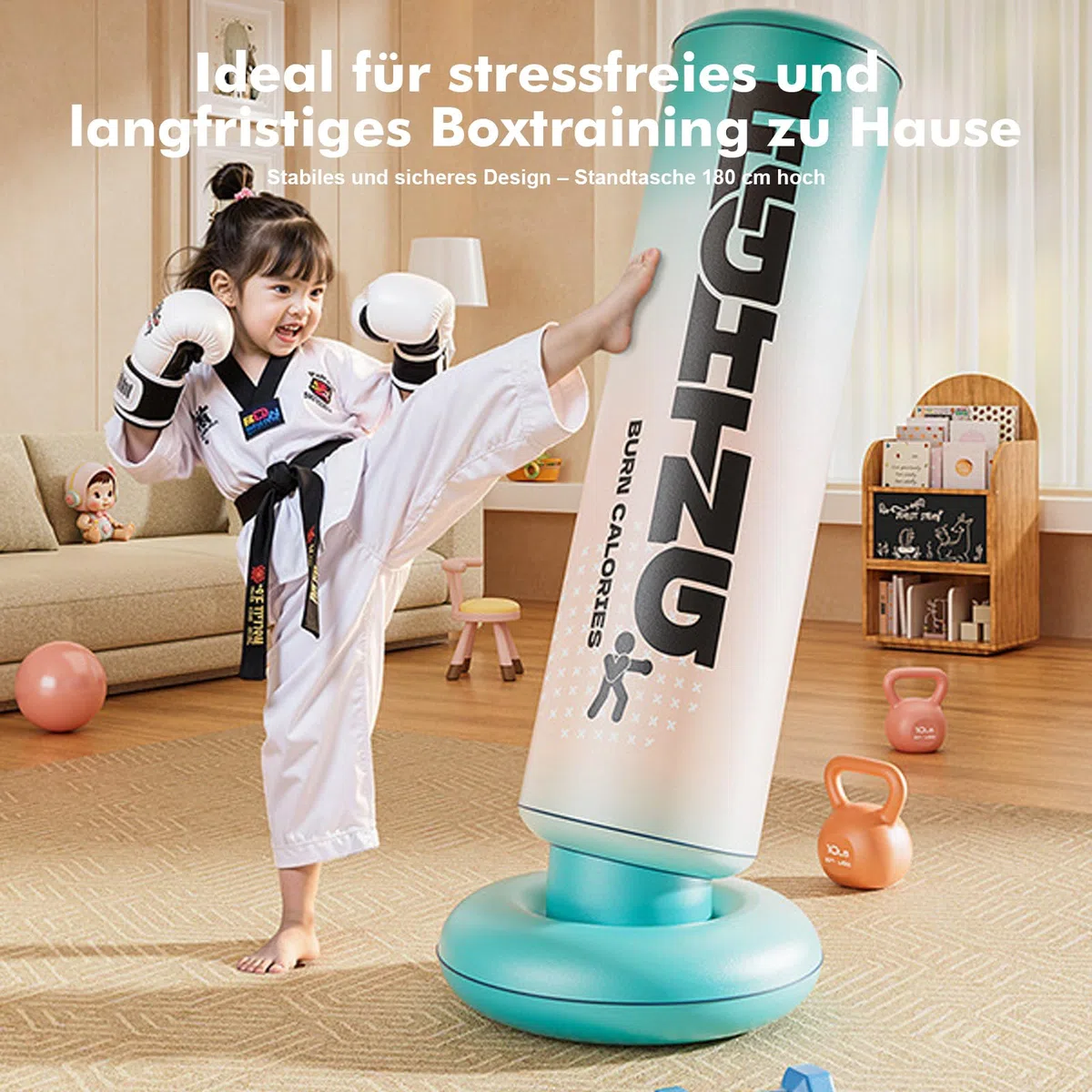 Sac de frappe debout de 180 cm avec gants de boxe en polyuréthane – Sac de frappe sur pied pour adolescents et adultes, sac de frappe pour l'entraînement de boxe à la maison, le kickboxing, le MMA, le