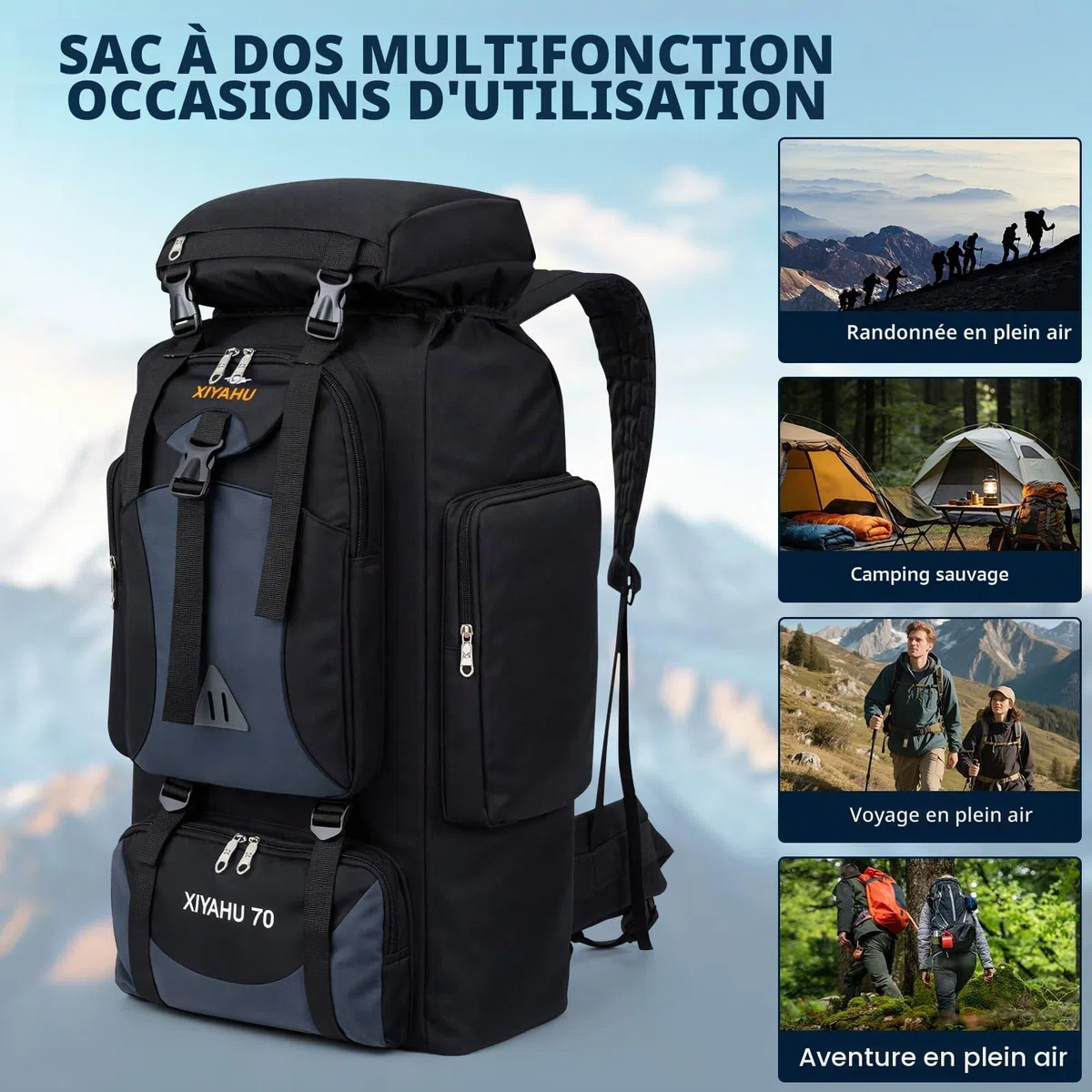 Sac à Dos de Randonnée Camping 70L Imperméable Ultraléger Grand Sac à Dos Trekking Homme Femme Sac Tactique Voyage Multifonction pour Voyage Alpinisme Escalade et Sports de Plein Air