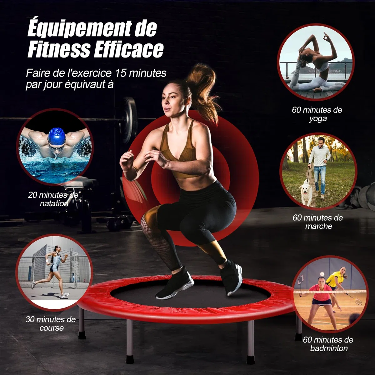 GYMAX Trampoline de Fitness Pliable avec Poignée Réglable à 4 Niveaux, Ressorts en Acier Renforcés, Couverture Rembourrée, Sac de Transport, Trampoline de Loisirs pour Adultes/Enfants (Rouge)
