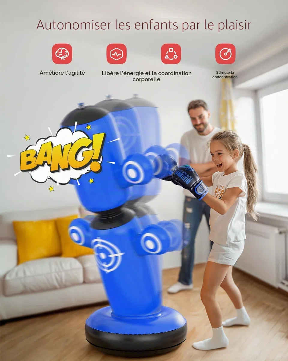 QPAU Sac de frappe rotatif à 360° pour enfants, grand sac de boxe de 162,6 cm avec gants, pompe à main et 6 cibles, sac de frappe gonflable, cadeau de karaté pour garçons et filles (bleu)