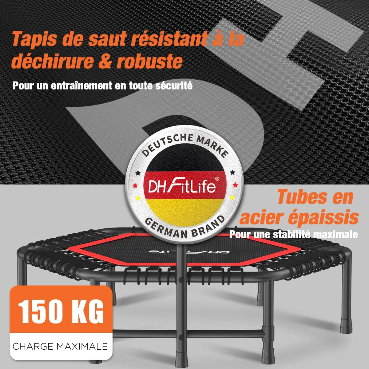 DH FitLife Trampoline Fitness Indoor | Ø114cm 45 Pouces Mini Trampoline | Capacité 150 KG | avec 3 Niveaux de poignée réglables | Stable et Silencieux