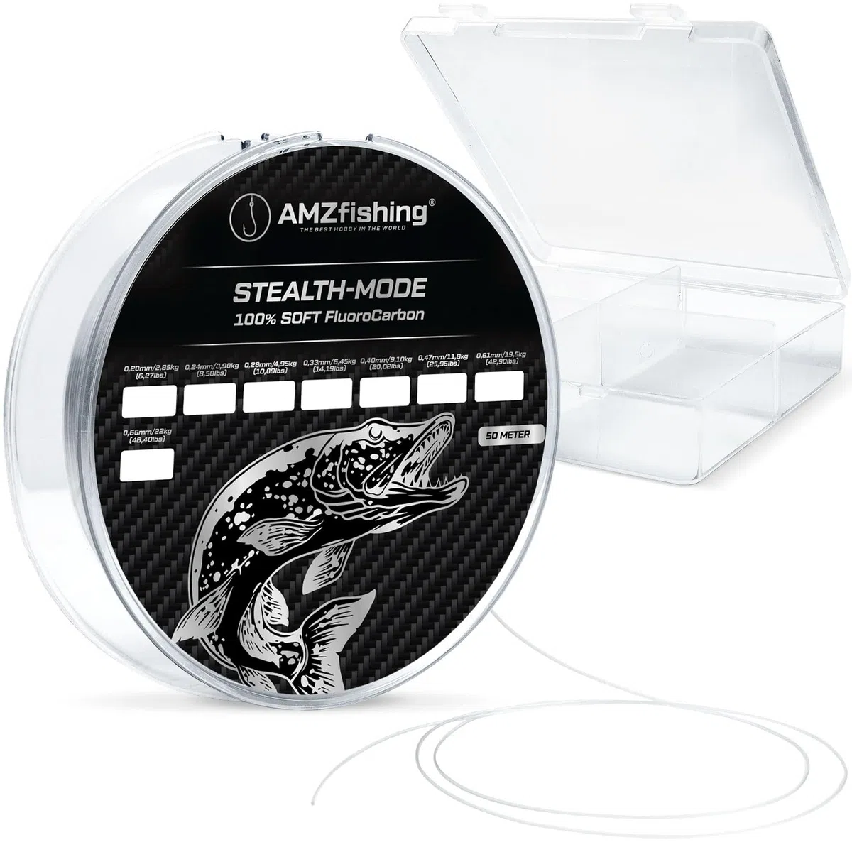 AMZfishing Stealth-Mode Fil de pêche 50 m Fluorocarbone 0,20-0,85 mm | Fil de pêche 100 % fluorocarbone | Ligne de pêche | Accessoires de pêche