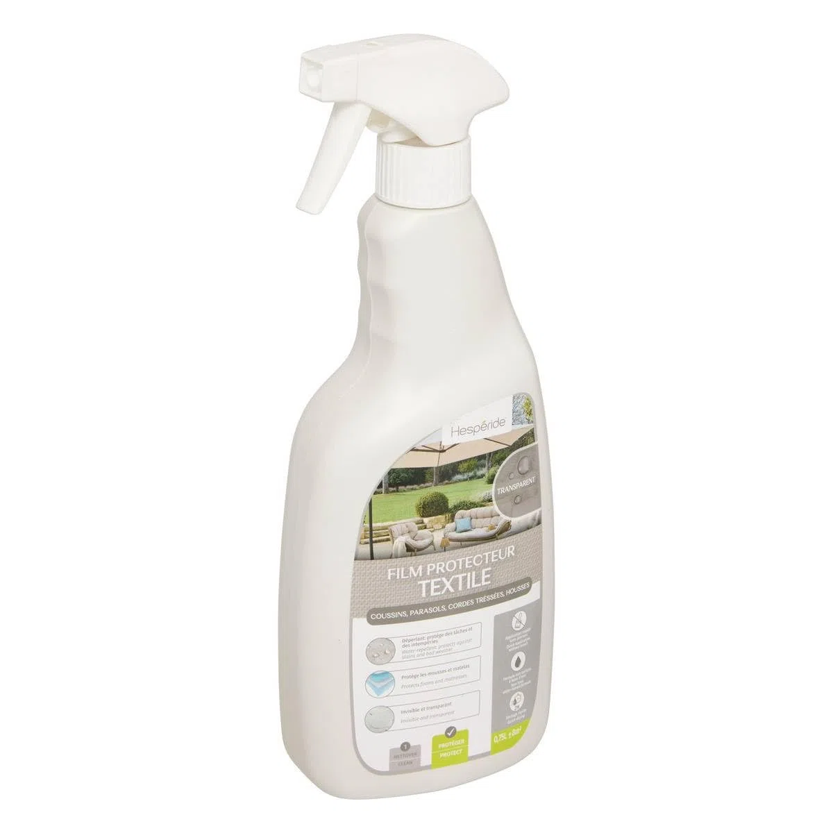 Hespéride - Spray Imperméabilisant Textile 75 cl, Protecteur Anti-Taches, Déperlant - pour Tissus Extérieurs, Mobilier de Jardin, Coussins