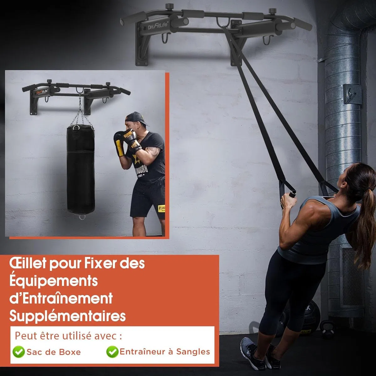 DH FitLife Barre de Traction 4 en 1 pour Montage Mural, Charge jusqu'à 200kg | Chevilles d'Expansion | Poignées Antidérapantes | Compatible avec Sac de Frappe & Entraîneur de Sangles