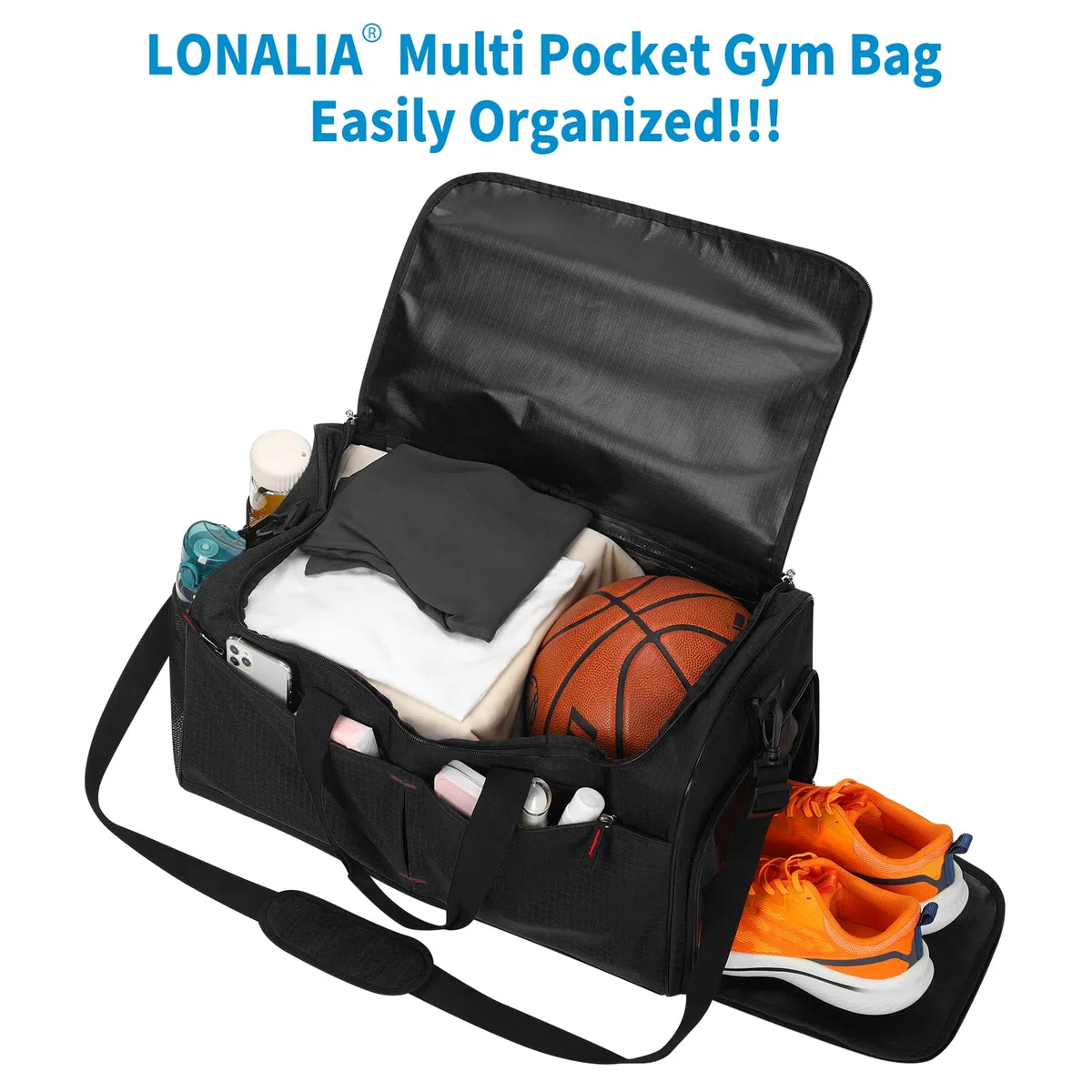 55L Grand Sac de Sport Homme - Sacs de Voyage avec Compartiments Chaussures et Humide, pour Weekend, Fitness, Gym - Noir