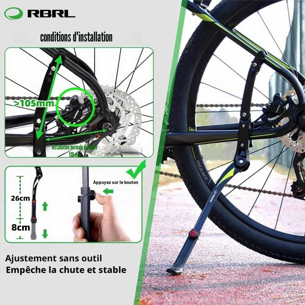 RBRL Support vélo en alliage d'aluminium, support latéral universel pour vélo de 26 à 29 pouces, support vélo stable pour VTT/vélo de course/VTT, réglable en hauteur avec base en caoutchouc